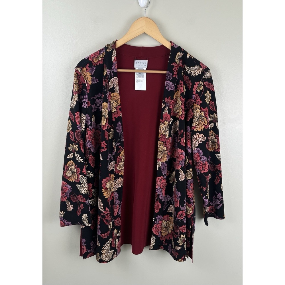 Susan Graver Liquid Knit Long Sleeve Cardigan Open Front Dark Floral Sz XLP